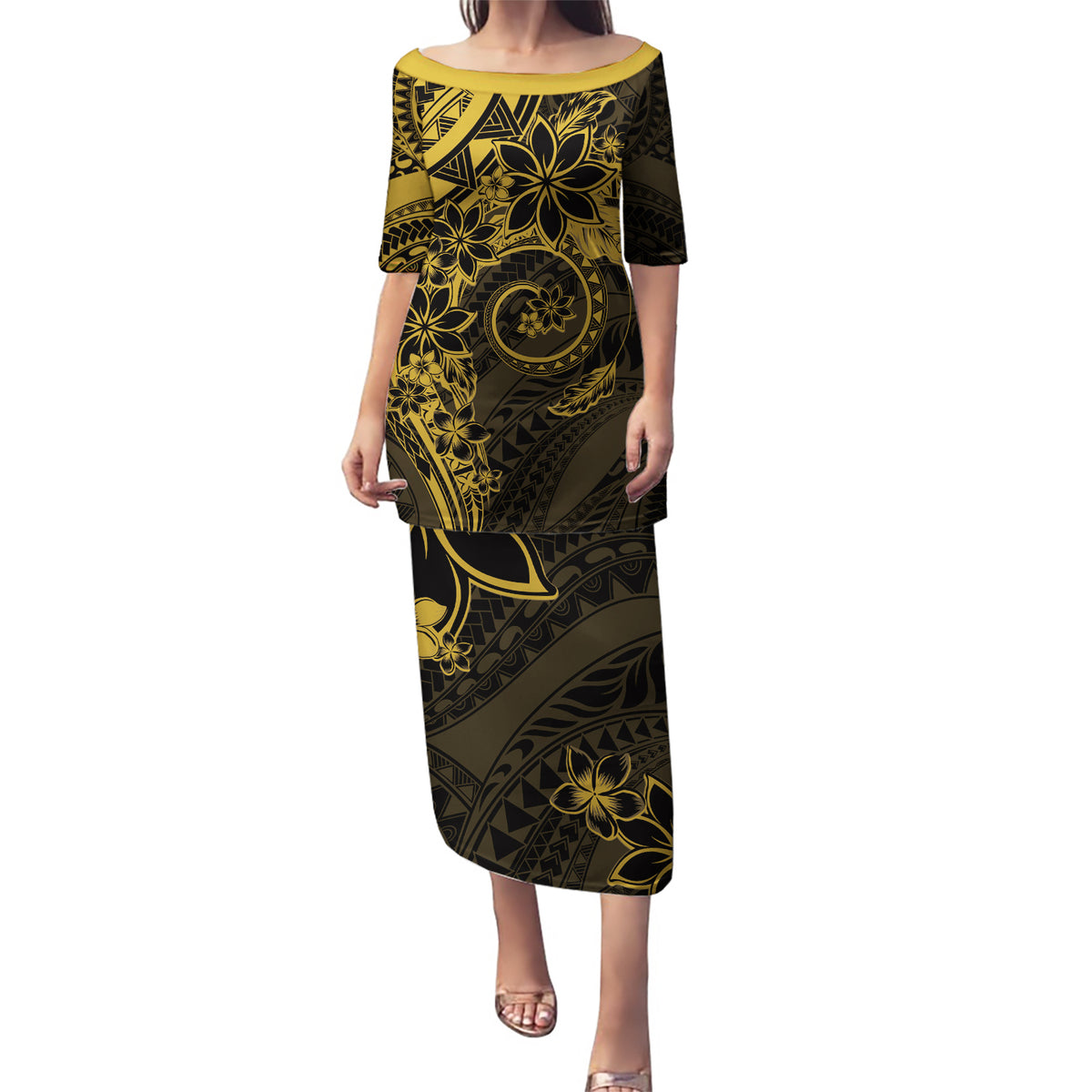 Polynesian Sunset Plumeria Puletasi Gold Polynesian Tattoo LT05 Long Dress Gold - Polynesian Pride