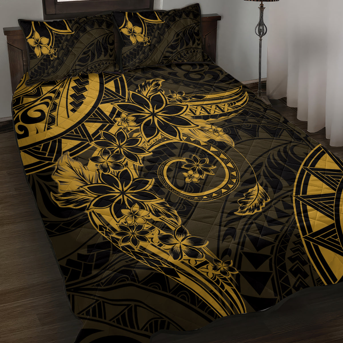 Polynesian Sunset Plumeria Quilt Bed Set Gold Polynesian Tattoo