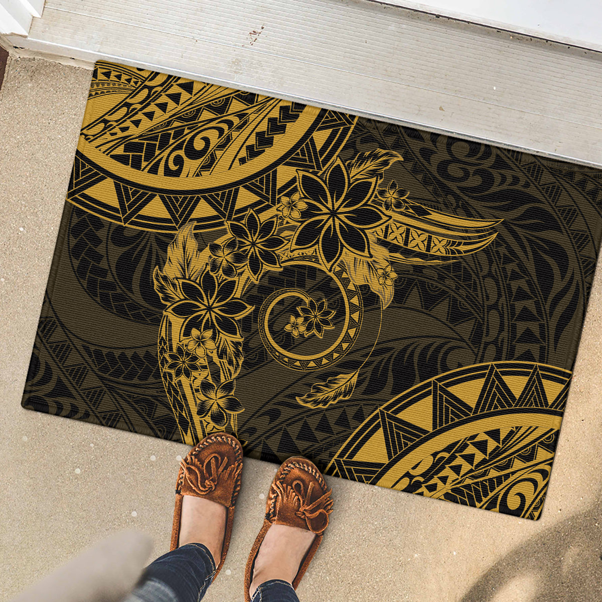 Polynesian Sunset Plumeria Rubber Doormat Gold Polynesian Tattoo LT05 - Polynesian Pride