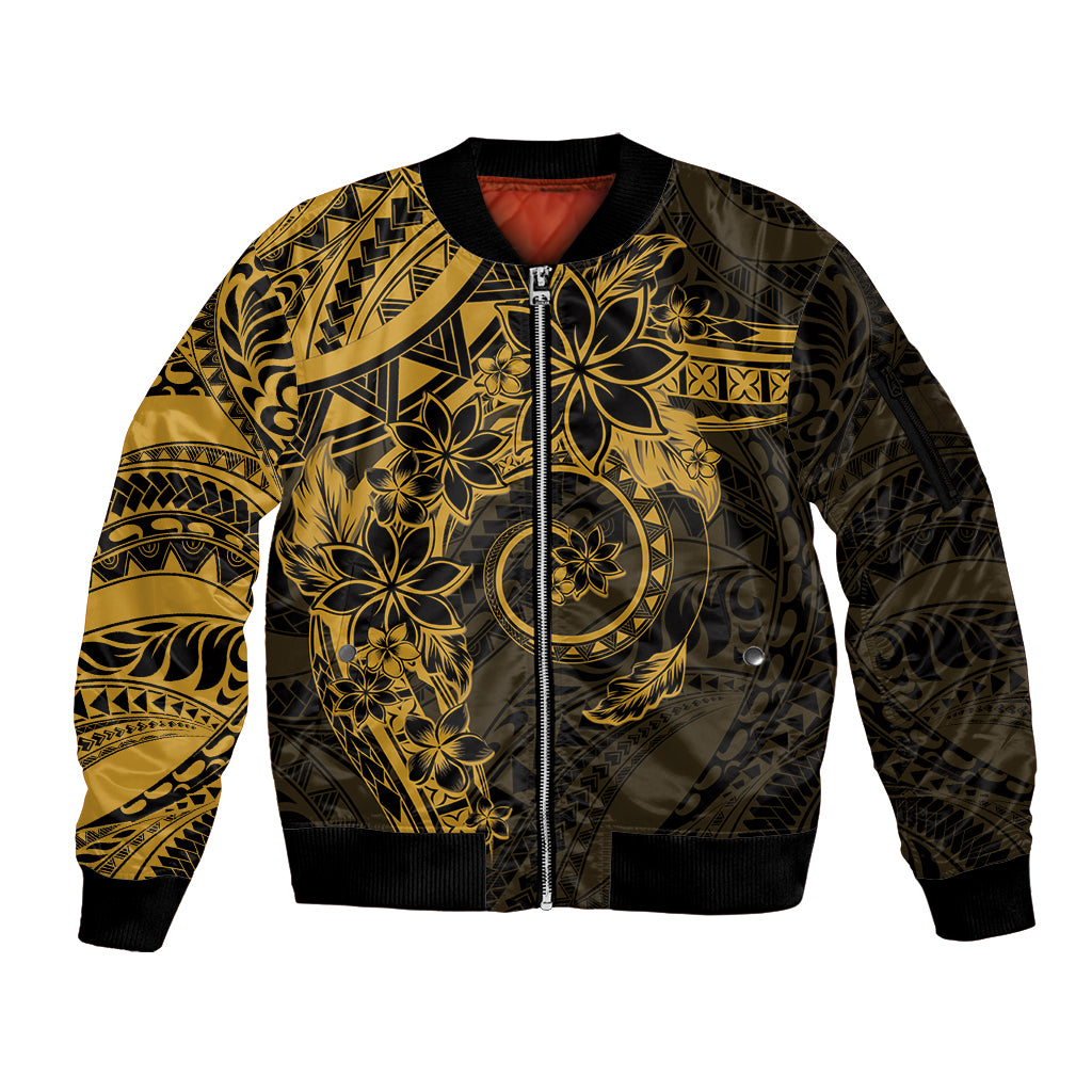 Polynesian Sunset Plumeria Sleeve Zip Bomber Jacket Gold Polynesian Tattoo LT05 Unisex Gold - Polynesian Pride