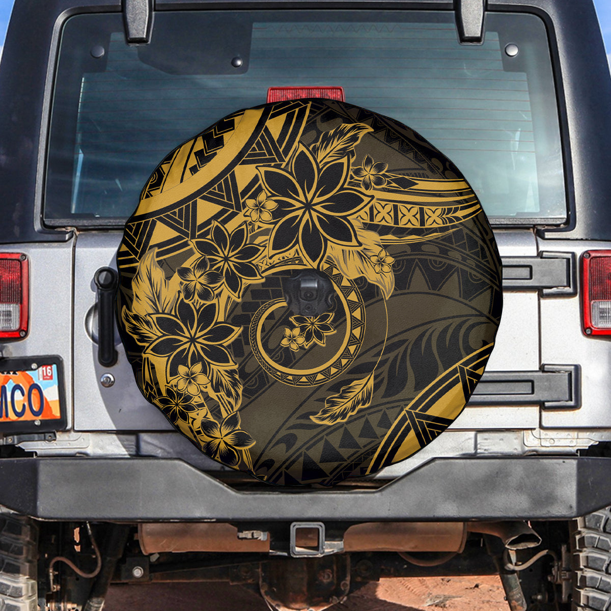 Polynesian Sunset Plumeria Spare Tire Cover Gold Polynesian Tattoo LT05 Gold - Polynesian Pride