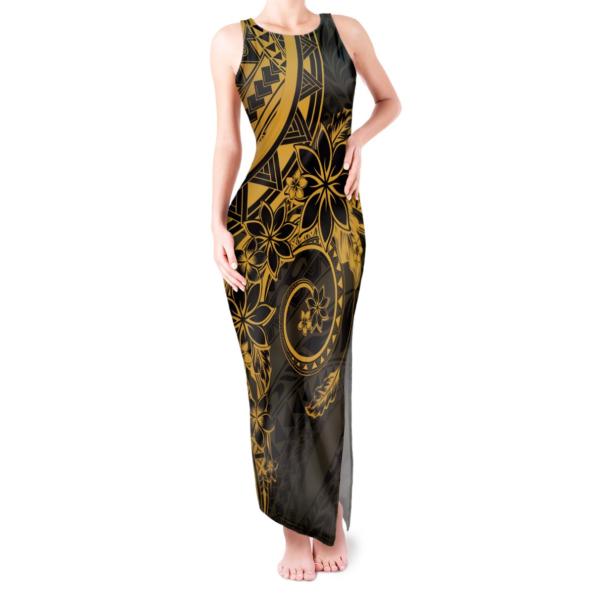 Polynesian Sunset Plumeria Tank Maxi Dress Gold Polynesian Tattoo LT05 Women Gold - Polynesian Pride