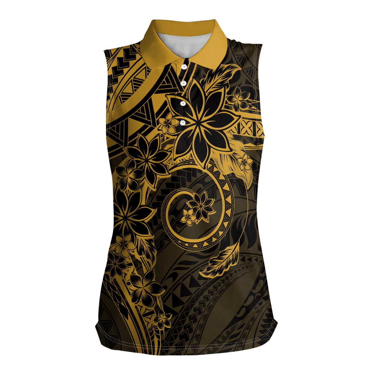 Polynesian Sunset Plumeria Women Sleeveless Polo Shirt Gold Polynesian Tattoo