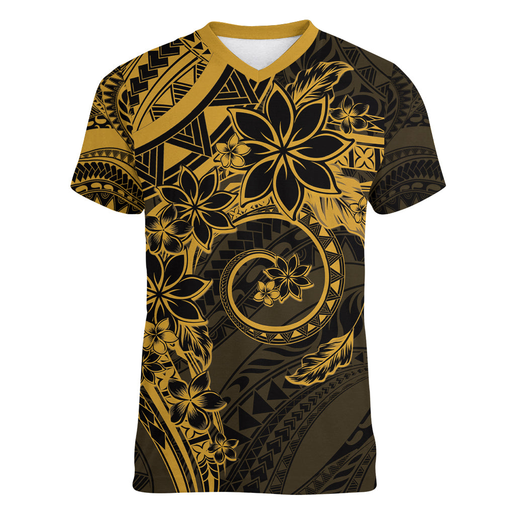 Polynesian Sunset Plumeria Women V-Neck T-Shirt Gold Polynesian Tattoo