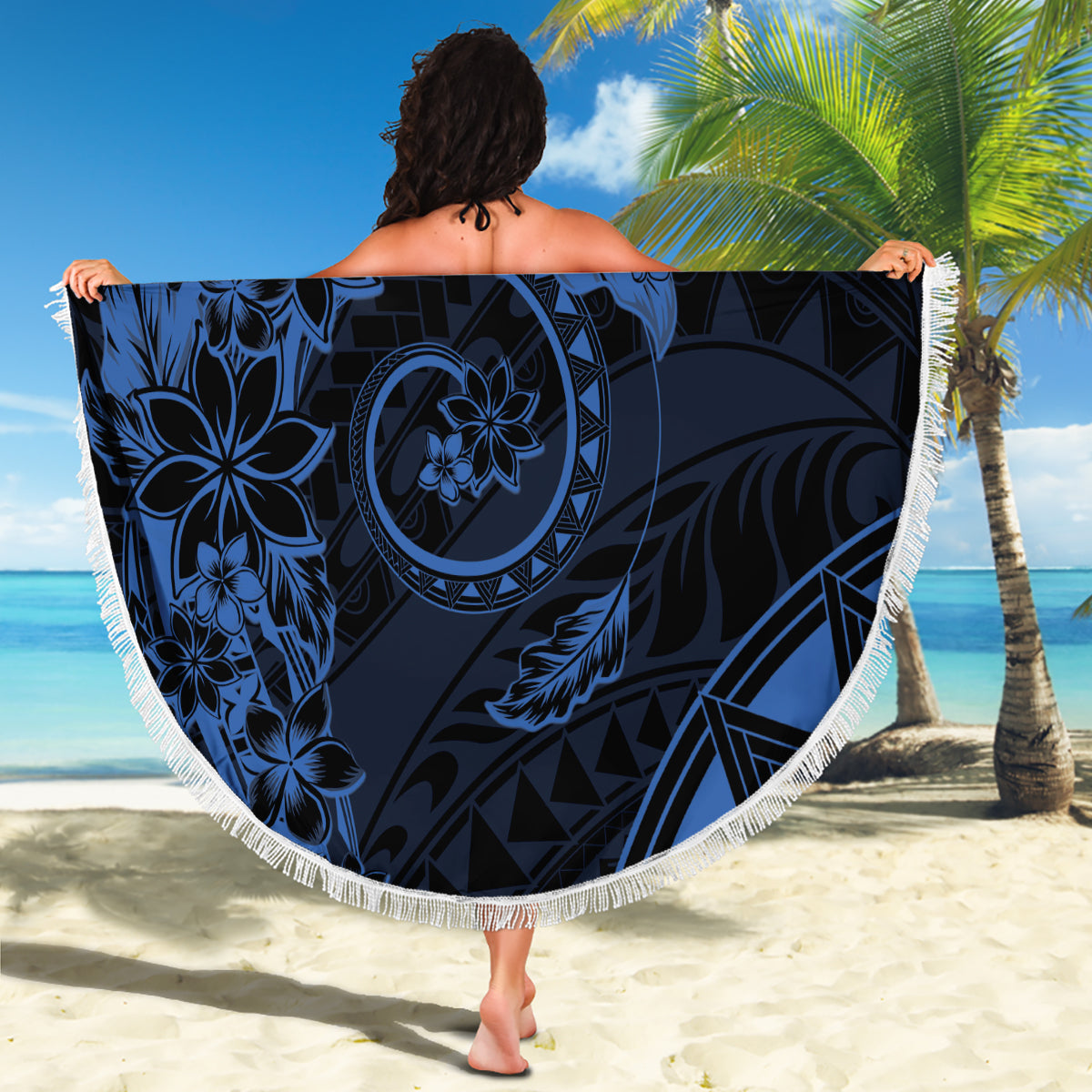 Polynesian Sunset Plumeria Beach Blanket Navy Polynesian Tattoo LT05 - Polynesian Pride