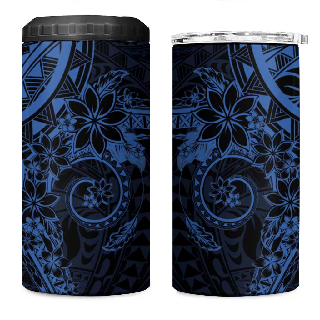 Navy Polynesian Pattern With Plumeria Flowers 4 in 1 Can Cooler Tumbler
