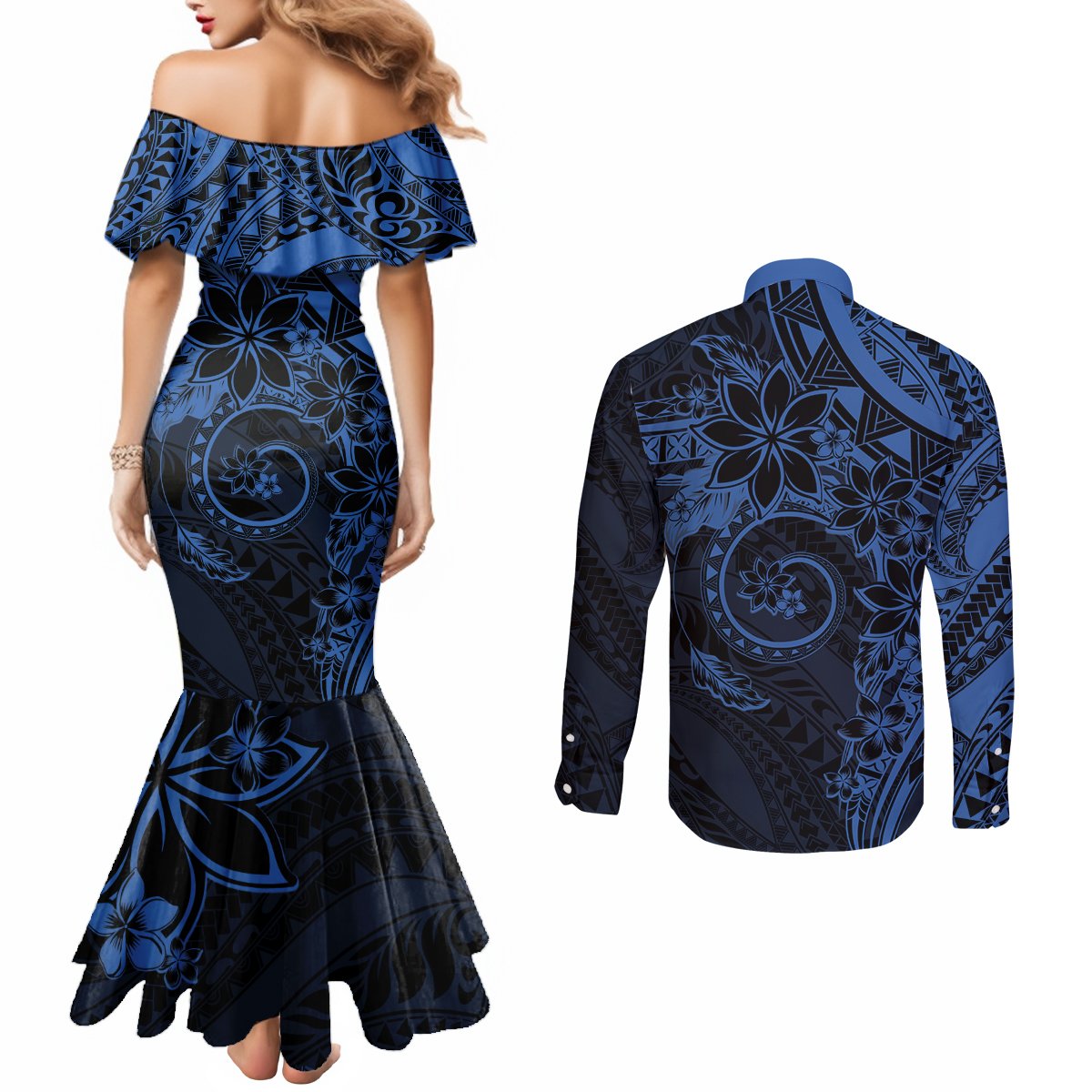Polynesian Sunset Plumeria Couples Matching Mermaid Dress and Long Sleeve Button Shirt Navy Polynesian Tattoo LT05 - Polynesian Pride