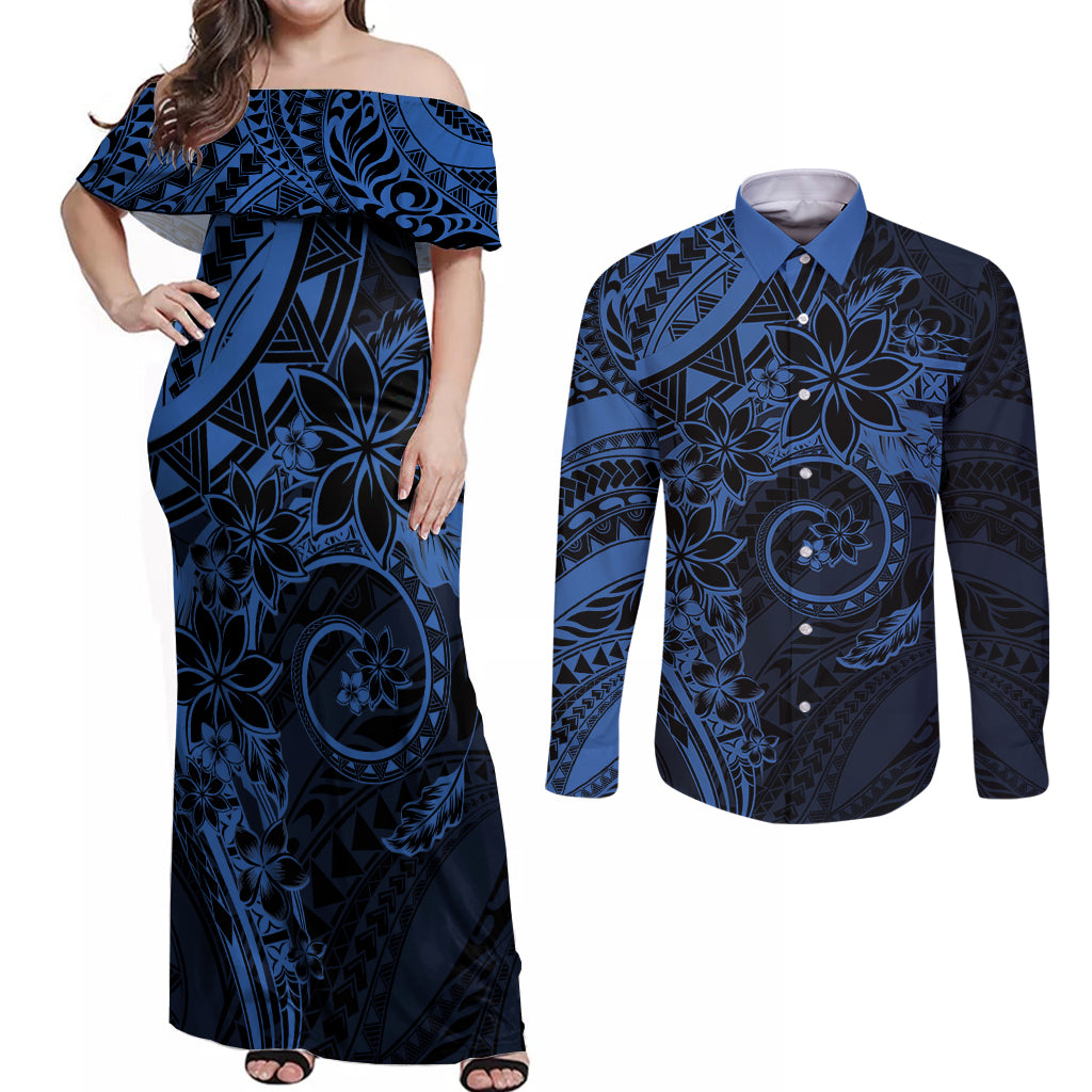 Polynesian Sunset Plumeria Couples Matching Off Shoulder Maxi Dress and Long Sleeve Button Shirt Navy Polynesian Tattoo LT05 Navy - Polynesian Pride