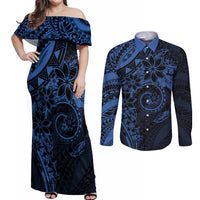 Polynesian Sunset Plumeria Couples Matching Off Shoulder Maxi Dress and Long Sleeve Button Shirt Navy Polynesian Tattoo LT05 Navy - Polynesian Pride