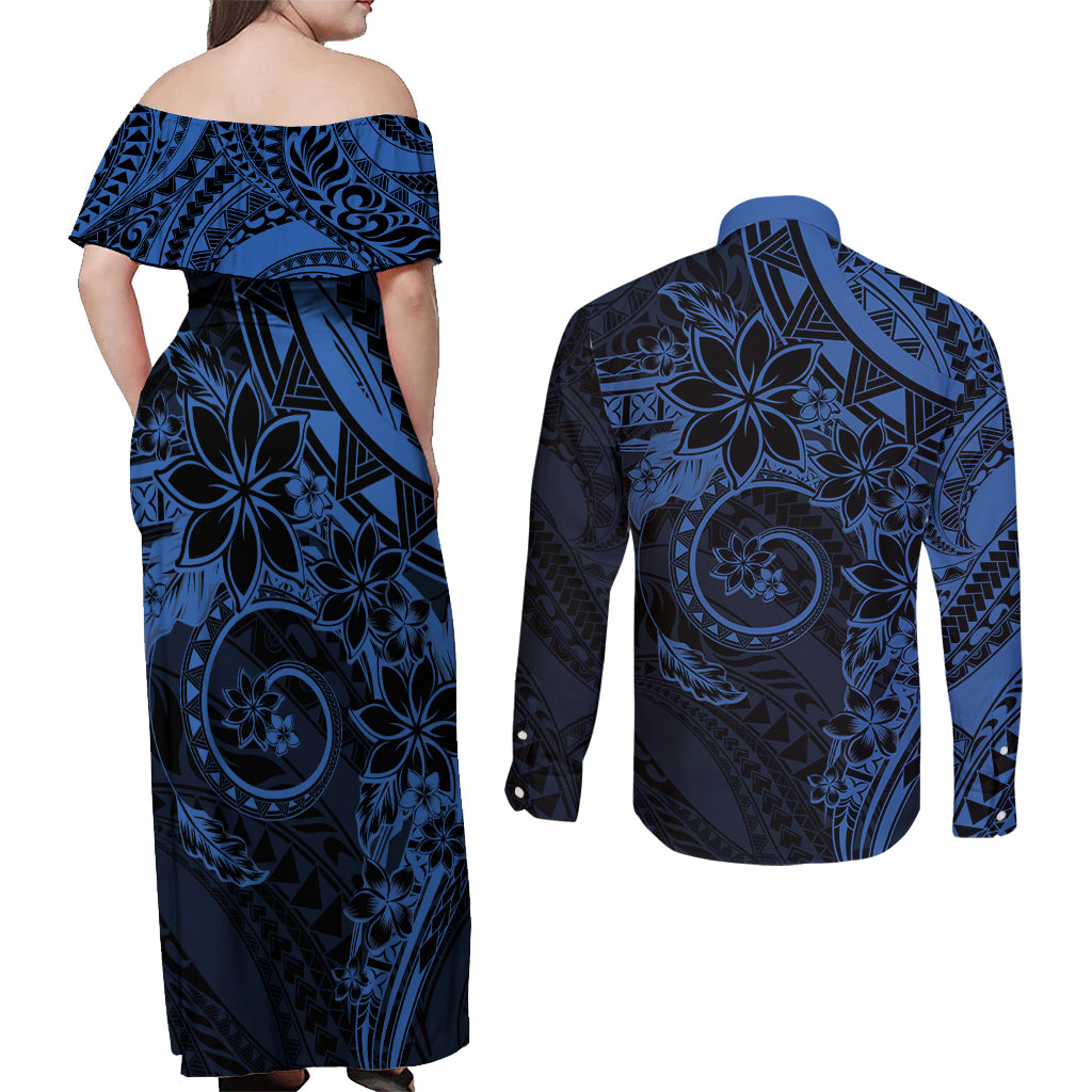 Polynesian Sunset Plumeria Couples Matching Off Shoulder Maxi Dress and Long Sleeve Button Shirt Navy Polynesian Tattoo LT05 - Polynesian Pride