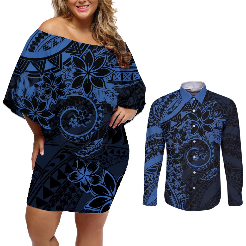 Polynesian Sunset Plumeria Couples Matching Off Shoulder Short Dress and Long Sleeve Button Shirt Navy Polynesian Tattoo LT05 Navy - Polynesian Pride