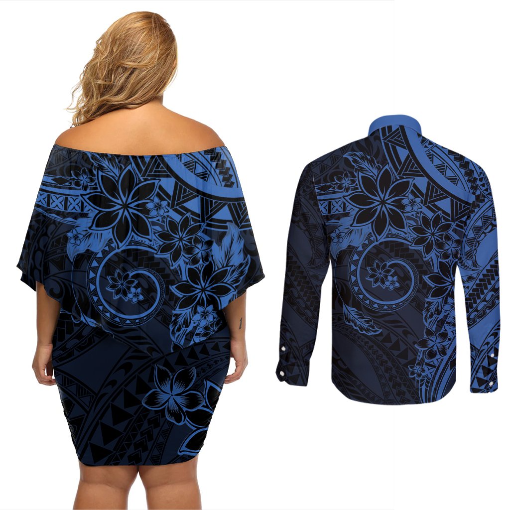 Polynesian Sunset Plumeria Couples Matching Off Shoulder Short Dress and Long Sleeve Button Shirt Navy Polynesian Tattoo LT05 - Polynesian Pride