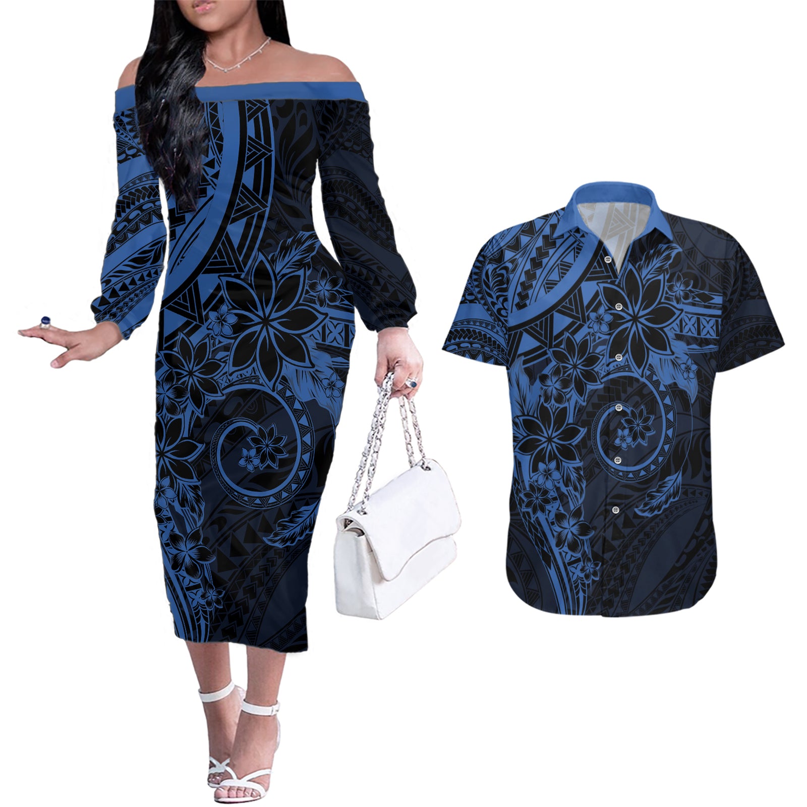 Polynesian Sunset Plumeria Couples Matching Off The Shoulder Long Sleeve Dress and Hawaiian Shirt Navy Polynesian Tattoo LT05 Navy - Polynesian Pride