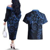 Polynesian Sunset Plumeria Couples Matching Off The Shoulder Long Sleeve Dress and Hawaiian Shirt Navy Polynesian Tattoo