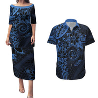 Polynesian Sunset Plumeria Couples Matching Puletasi and Hawaiian Shirt Navy Polynesian Tattoo LT05 Navy - Polynesian Pride