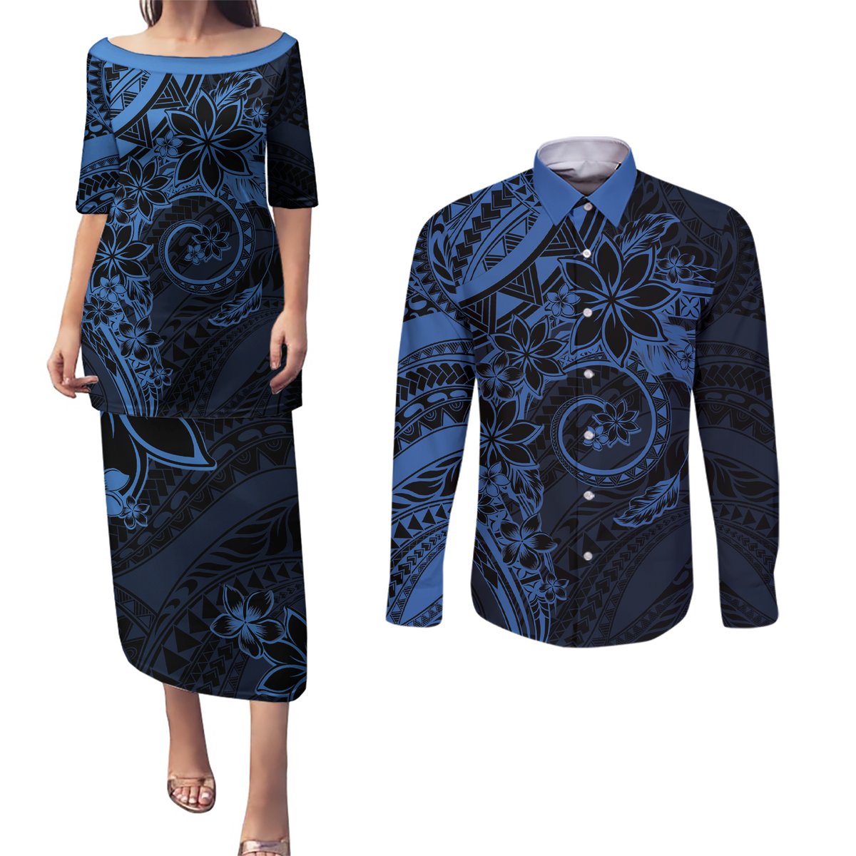 Polynesian Sunset Plumeria Couples Matching Puletasi and Long Sleeve Button Shirt Navy Polynesian Tattoo LT05 Navy - Polynesian Pride