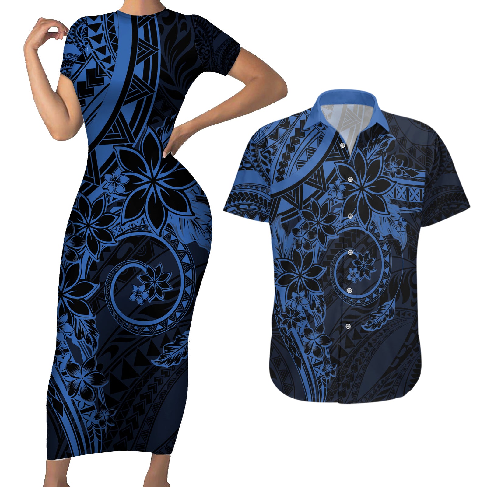 Polynesian Sunset Plumeria Couples Matching Short Sleeve Bodycon Dress and Hawaiian Shirt Navy Polynesian Tattoo LT05 Navy - Polynesian Pride