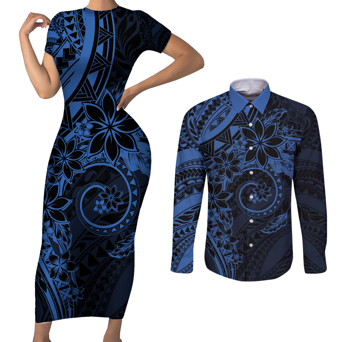 Polynesian Sunset Plumeria Couples Matching Short Sleeve Bodycon Dress and Long Sleeve Button Shirt Navy Polynesian Tattoo LT05 Navy - Polynesian Pride