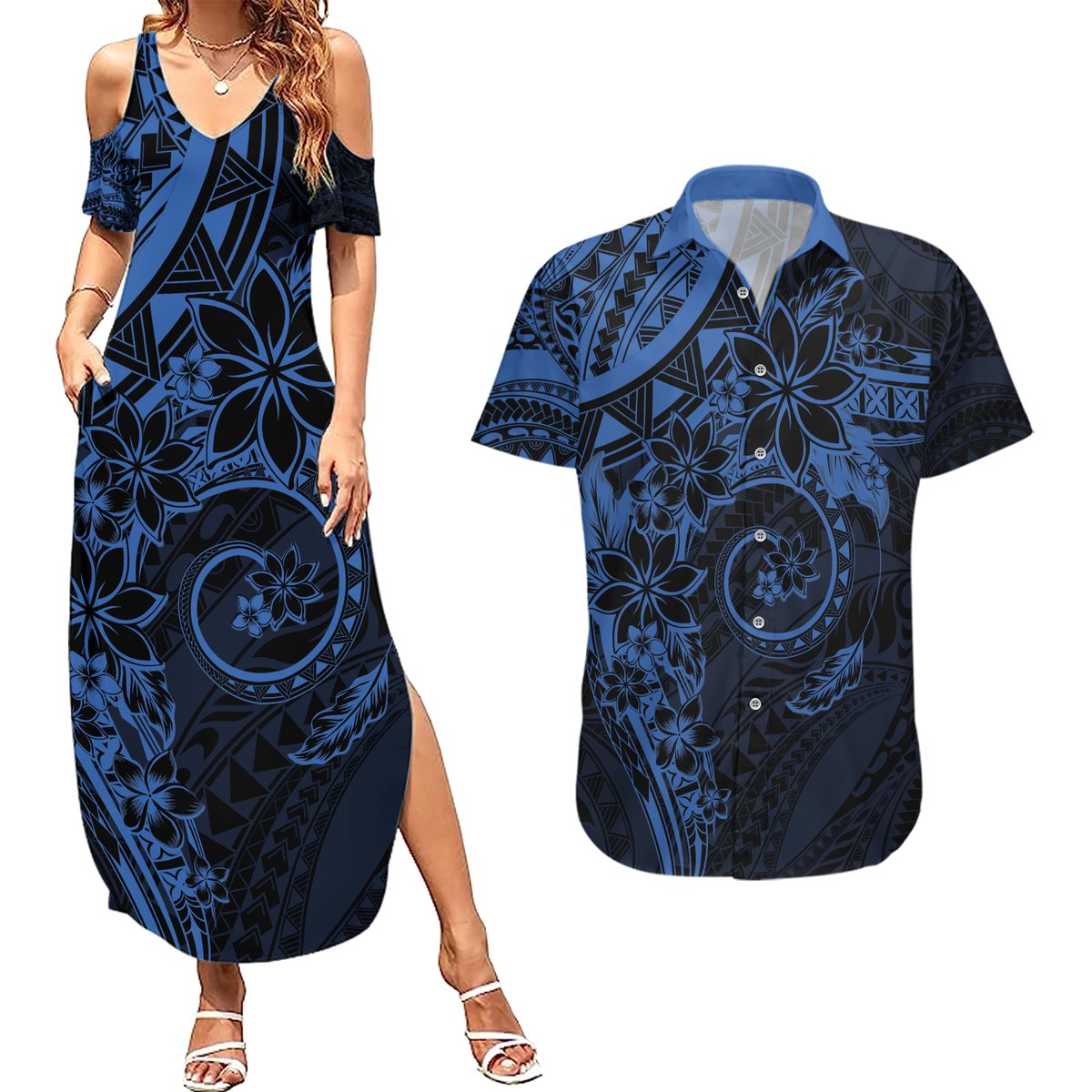 Polynesian Sunset Plumeria Couples Matching Summer Maxi Dress and Hawaiian Shirt Navy Polynesian Tattoo LT05 Navy - Polynesian Pride