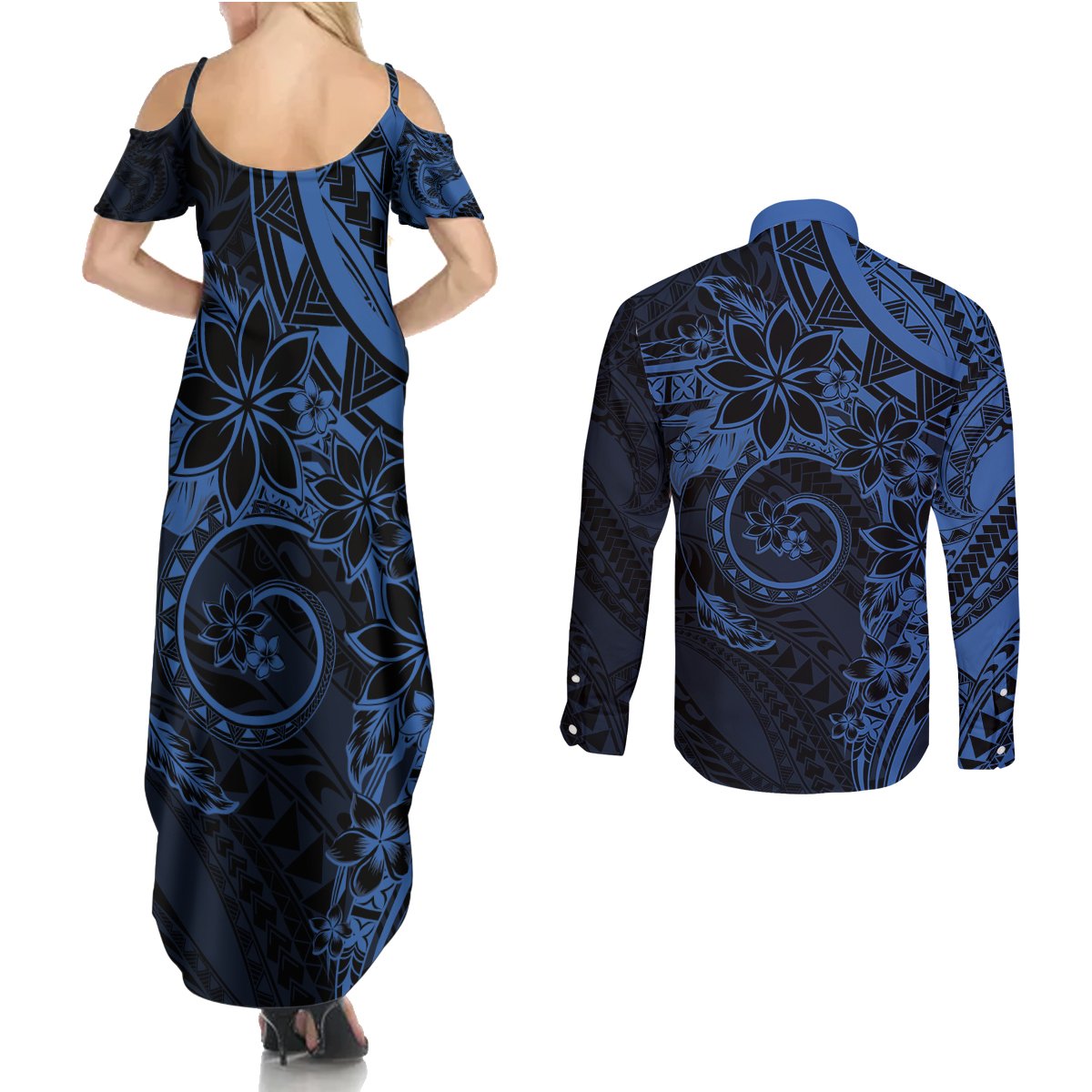 Polynesian Sunset Plumeria Couples Matching Summer Maxi Dress and Long Sleeve Button Shirt Navy Polynesian Tattoo LT05 - Polynesian Pride