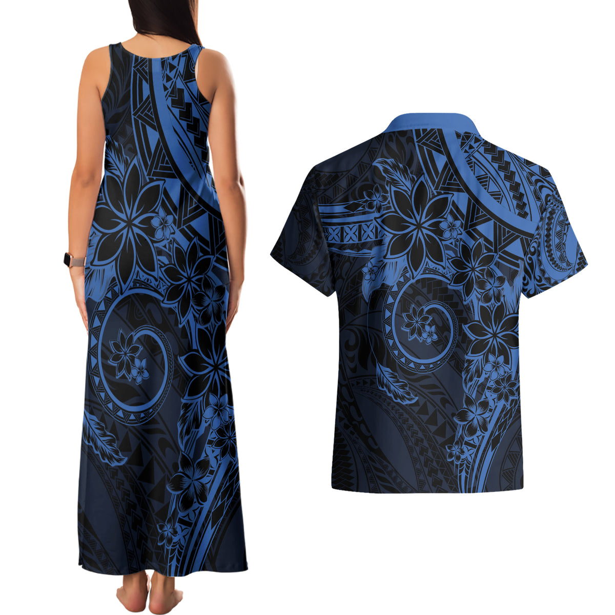 Polynesian Sunset Plumeria Couples Matching Tank Maxi Dress and Hawaiian Shirt Navy Polynesian Tattoo LT05 - Polynesian Pride