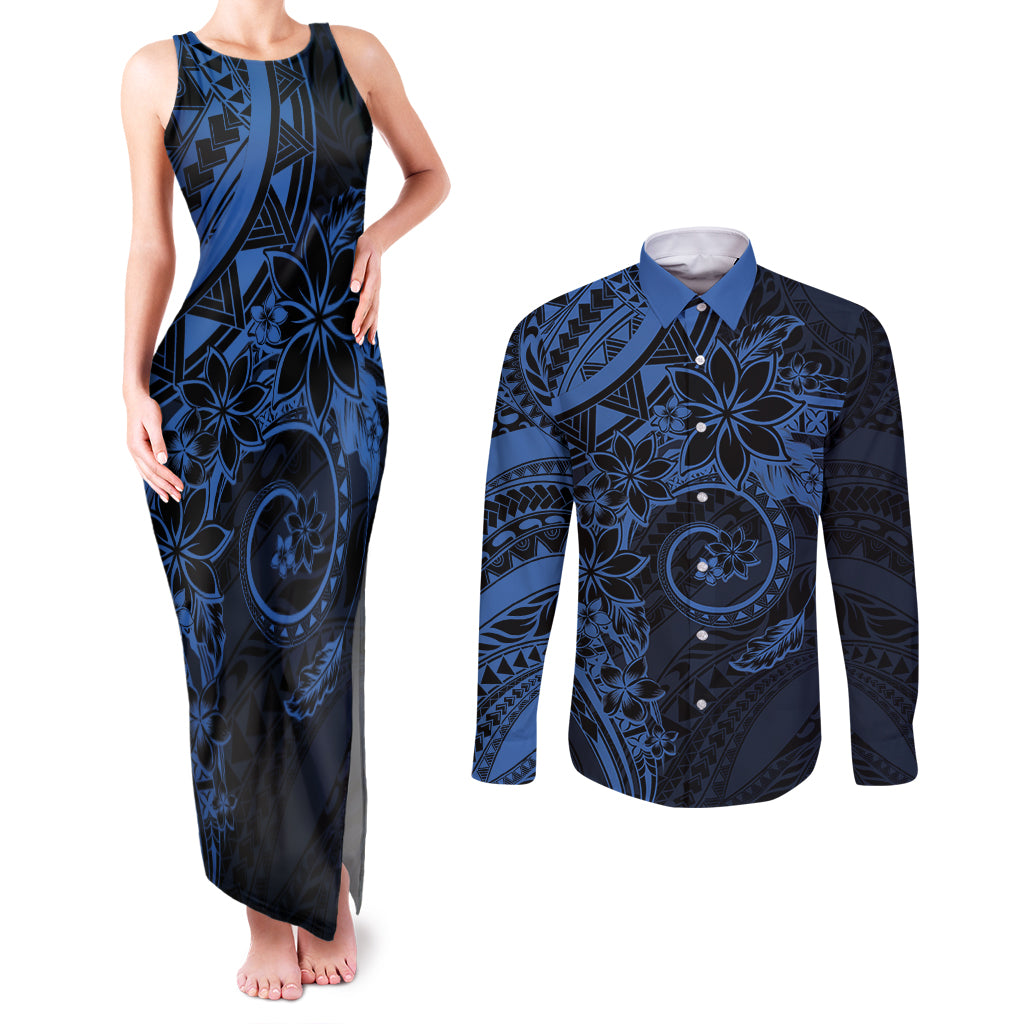 Polynesian Sunset Plumeria Couples Matching Tank Maxi Dress and Long Sleeve Button Shirt Navy Polynesian Tattoo LT05 Navy - Polynesian Pride