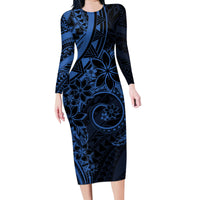 Polynesian Sunset Plumeria Family Matching Long Sleeve Bodycon Dress and Hawaiian Shirt Navy Polynesian Tattoo
