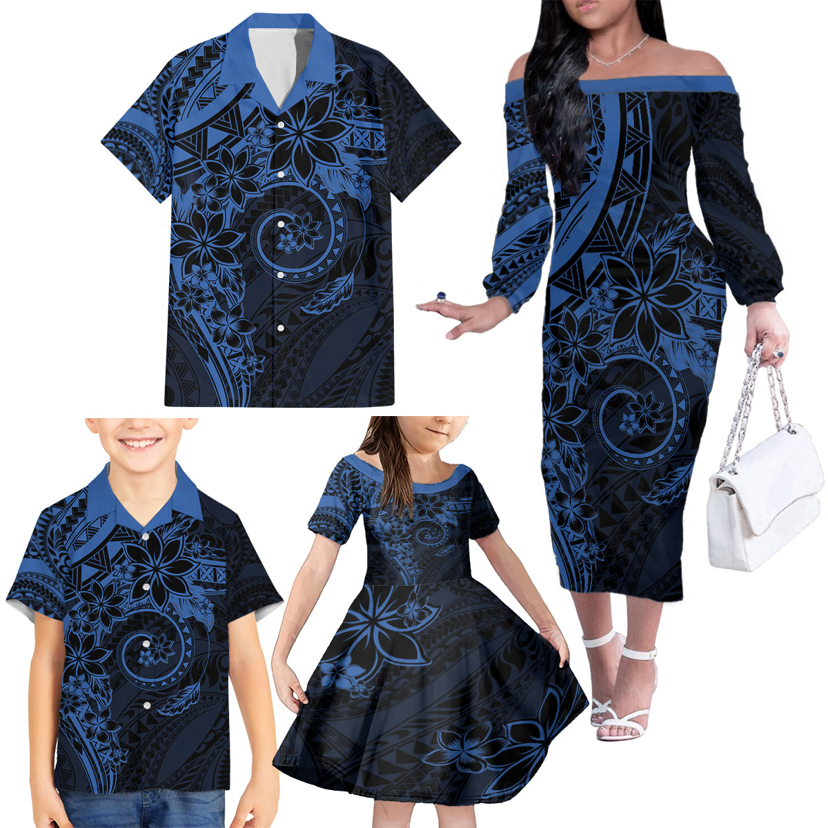 Polynesian Sunset Plumeria Family Matching Off The Shoulder Long Sleeve Dress and Hawaiian Shirt Navy Polynesian Tattoo