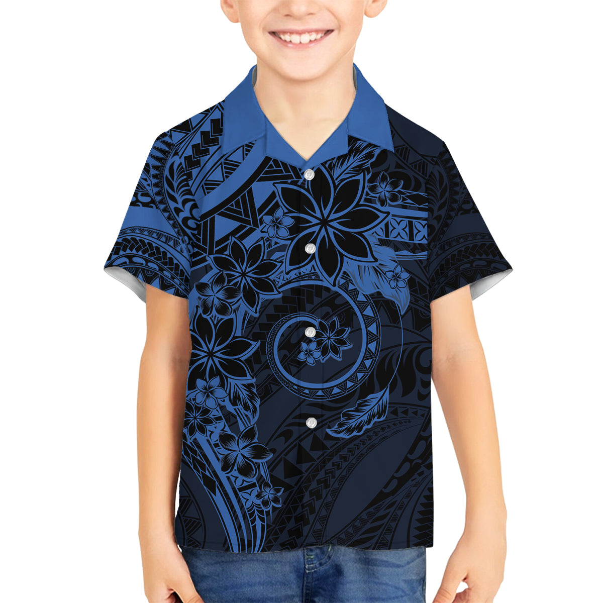 Polynesian Sunset Plumeria Family Matching Off The Shoulder Long Sleeve Dress and Hawaiian Shirt Navy Polynesian Tattoo LT05 Son's Shirt Navy - Polynesian Pride