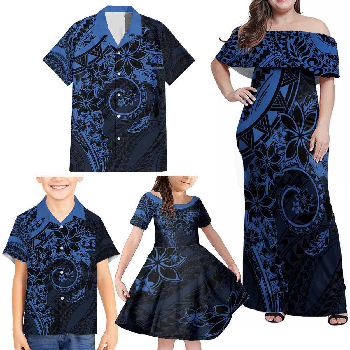 Polynesian Sunset Plumeria Family Matching Off Shoulder Maxi Dress and Hawaiian Shirt Navy Polynesian Tattoo LT05 - Polynesian Pride