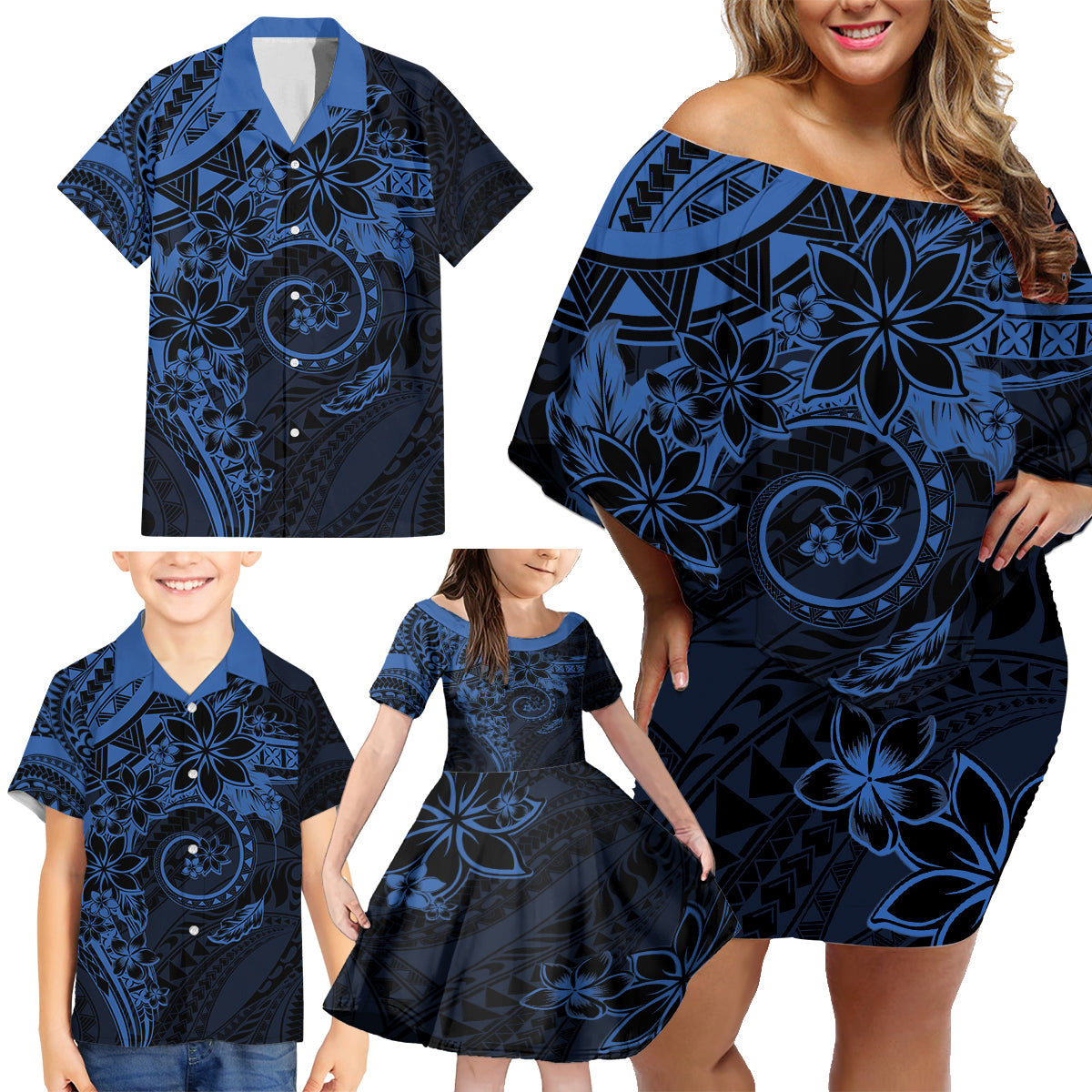 Polynesian Sunset Plumeria Family Matching Off Shoulder Short Dress and Hawaiian Shirt Navy Polynesian Tattoo