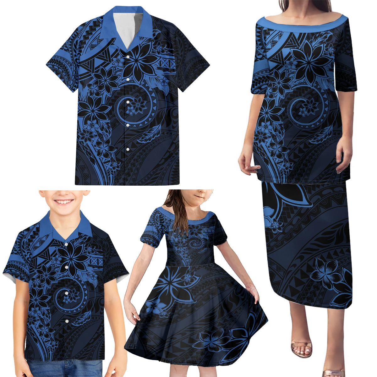 Polynesian Sunset Plumeria Family Matching Puletasi and Hawaiian Shirt Navy Polynesian Tattoo