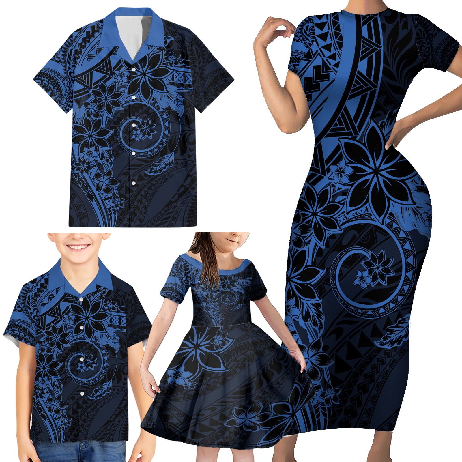 Polynesian Sunset Plumeria Family Matching Short Sleeve Bodycon Dress and Hawaiian Shirt Navy Polynesian Tattoo