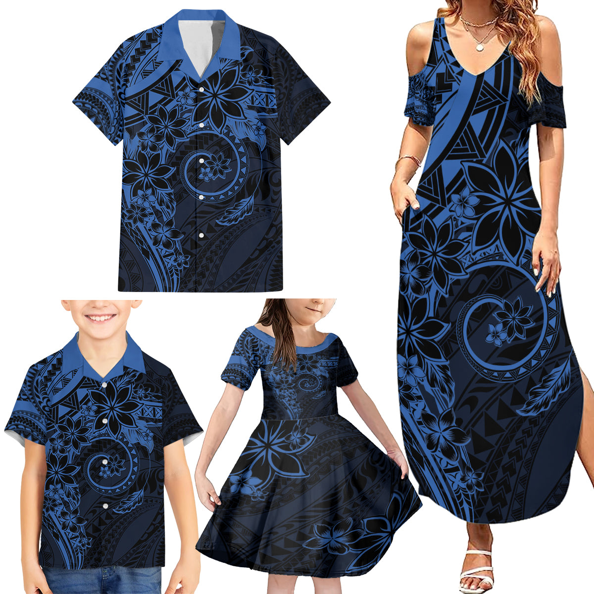 Polynesian Sunset Plumeria Family Matching Summer Maxi Dress and Hawaiian Shirt Navy Polynesian Tattoo