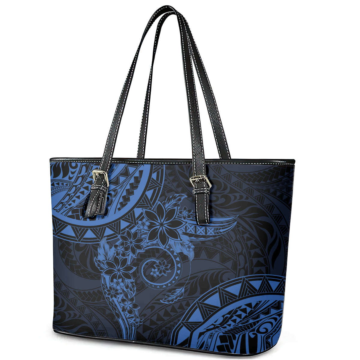 Polynesian Sunset Plumeria Leather Tote Bag Navy Polynesian Tattoo LT05 - Polynesian Pride