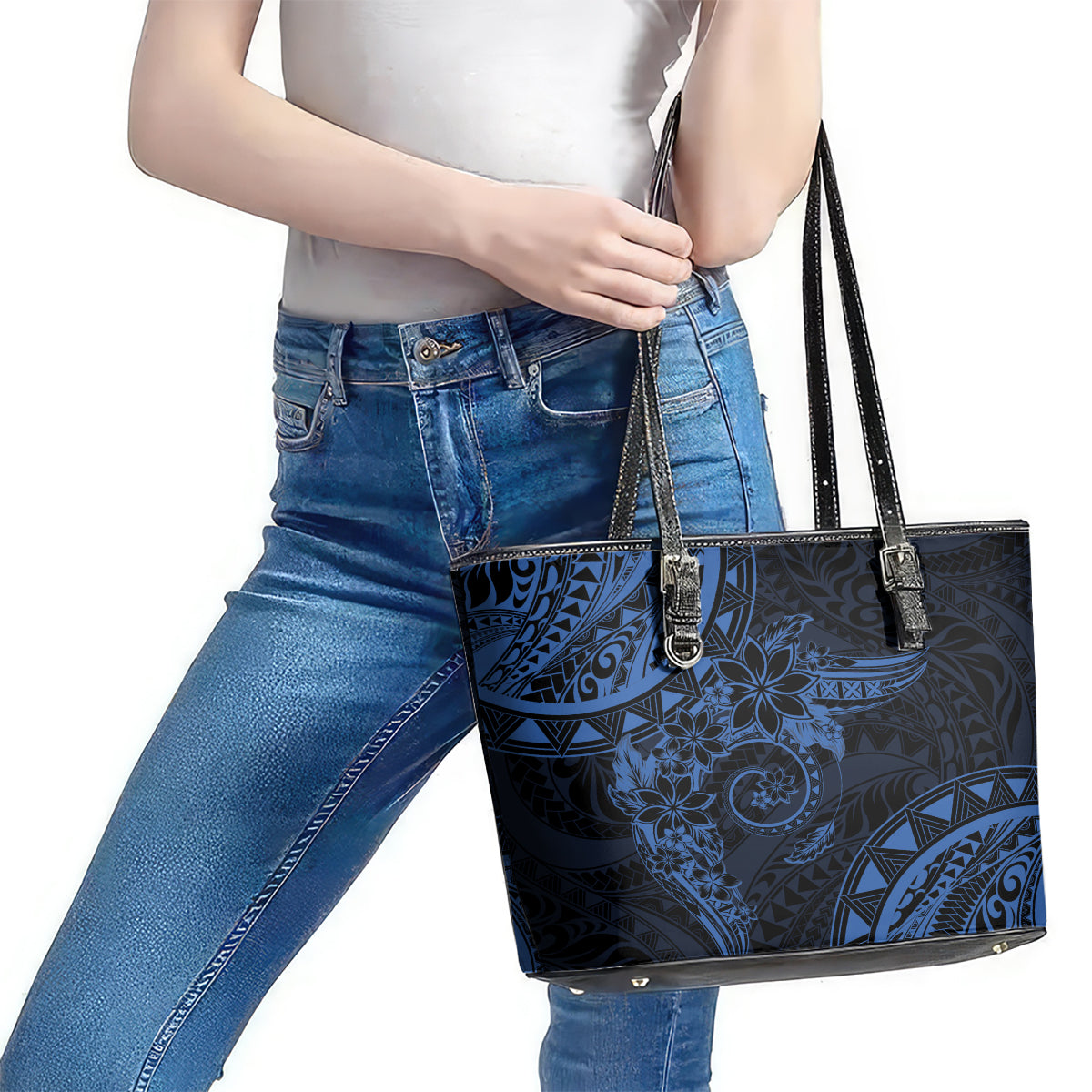 Polynesian Sunset Plumeria Leather Tote Bag Navy Polynesian Tattoo LT05 - Polynesian Pride