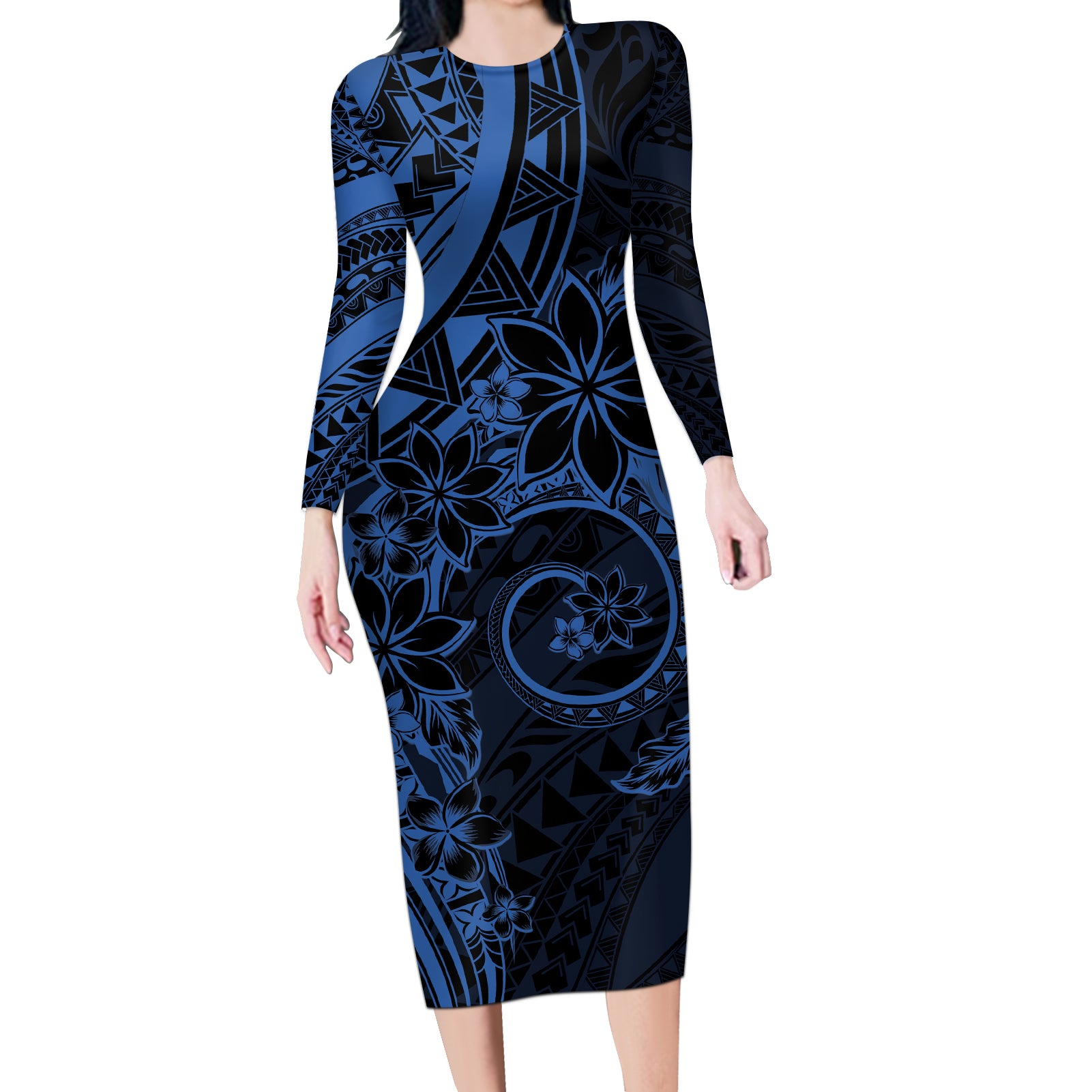 Polynesian Sunset Plumeria Long Sleeve Bodycon Dress Navy Polynesian Tattoo