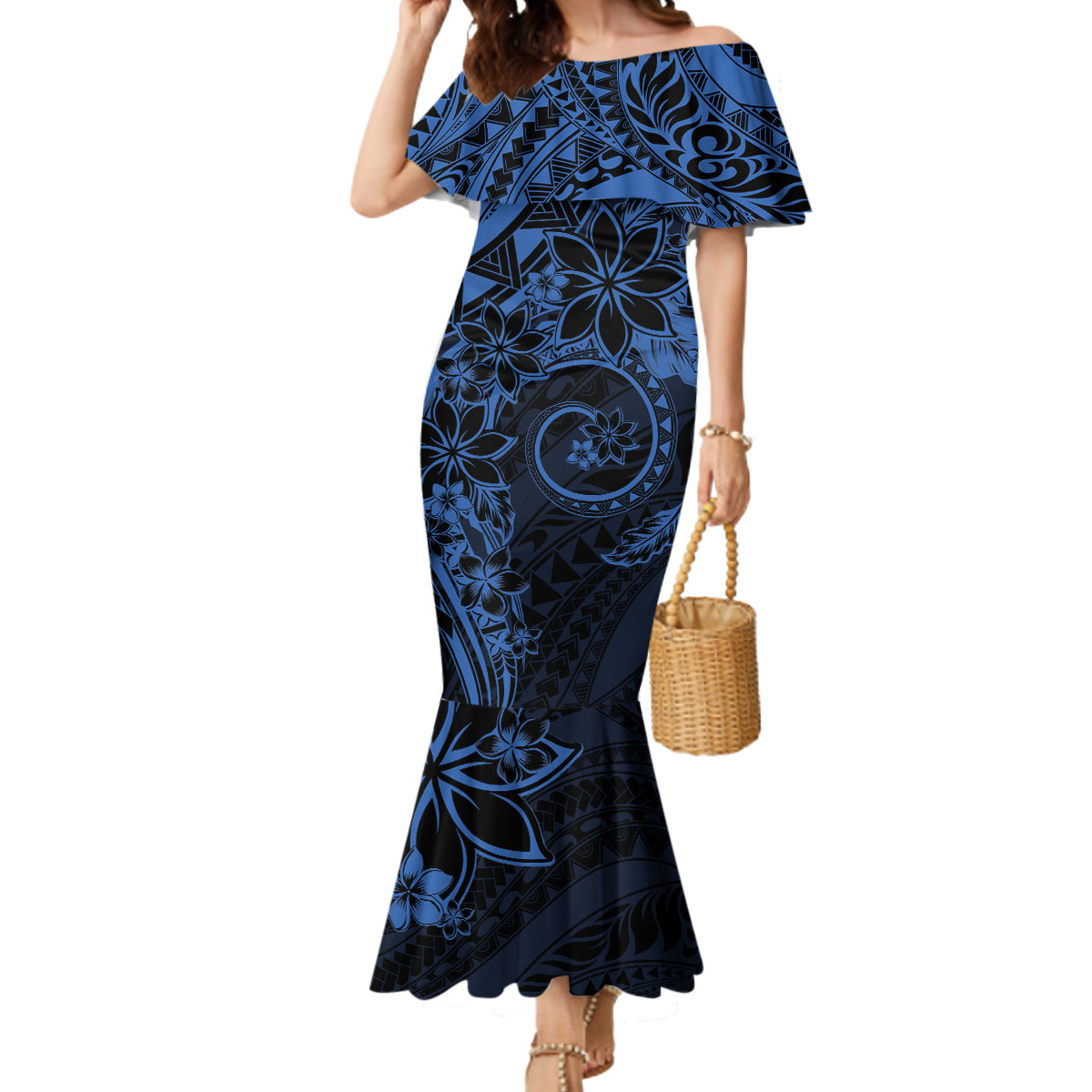 Polynesian Sunset Plumeria Mermaid Dress Navy Polynesian Tattoo