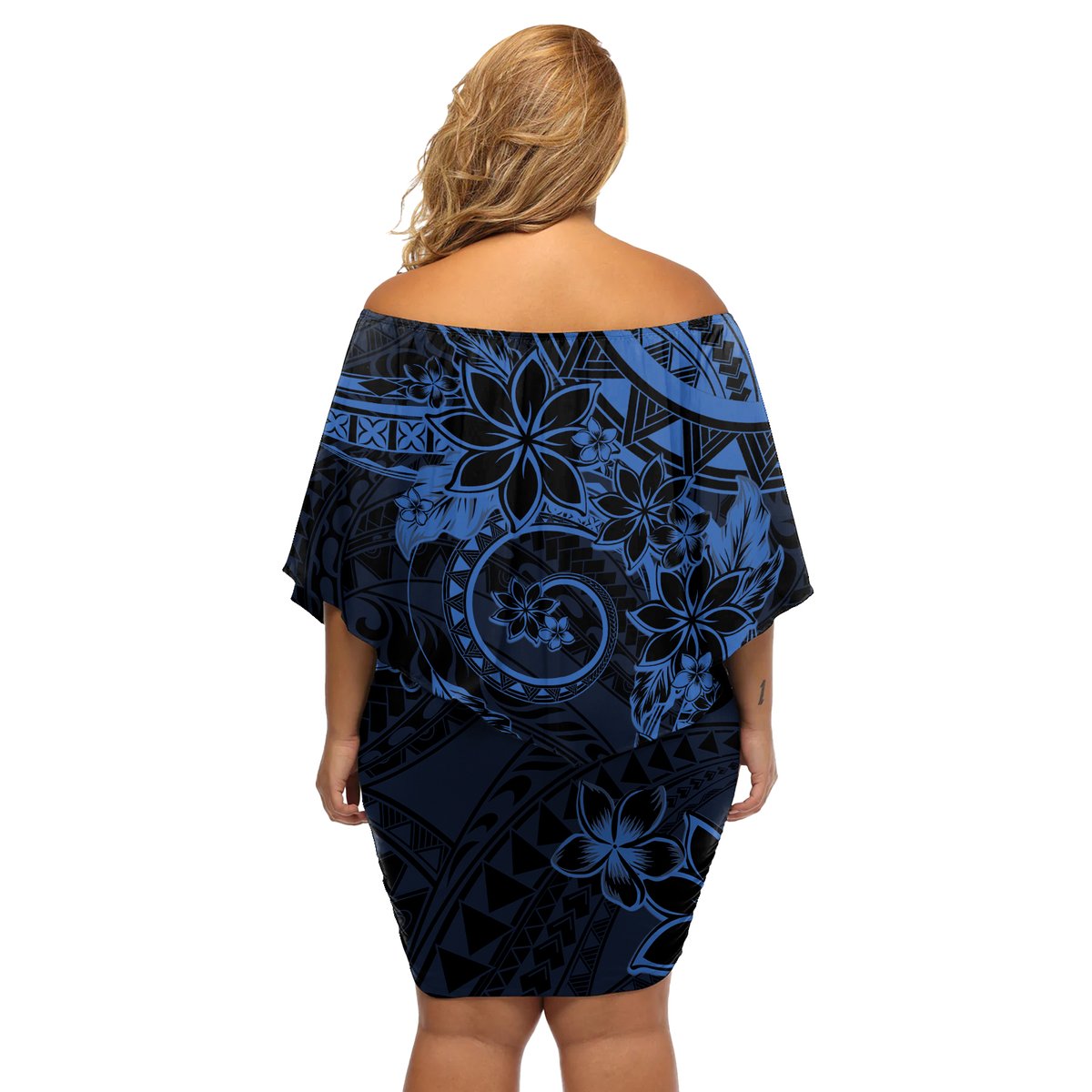 Polynesian Sunset Plumeria Off Shoulder Short Dress Navy Polynesian Tattoo LT05 - Polynesian Pride