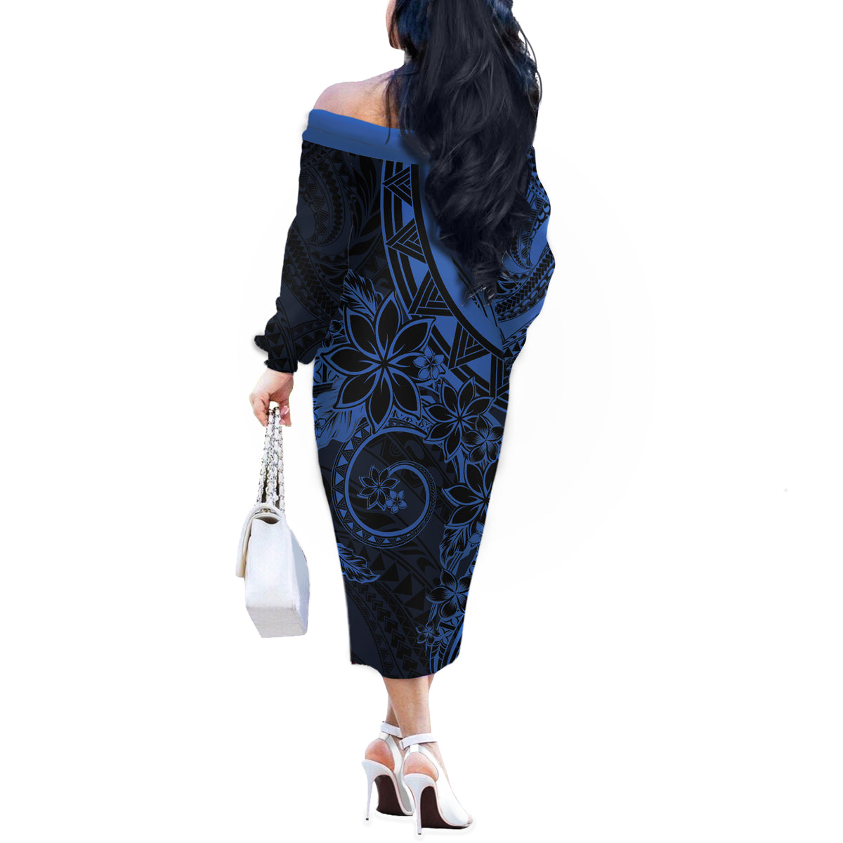 Polynesian Sunset Plumeria Off The Shoulder Long Sleeve Dress Navy Polynesian Tattoo