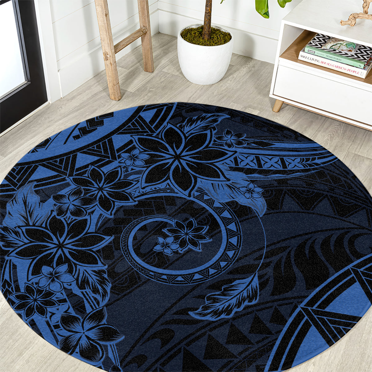 Polynesian Sunset Plumeria Round Carpet Navy Polynesian Tattoo