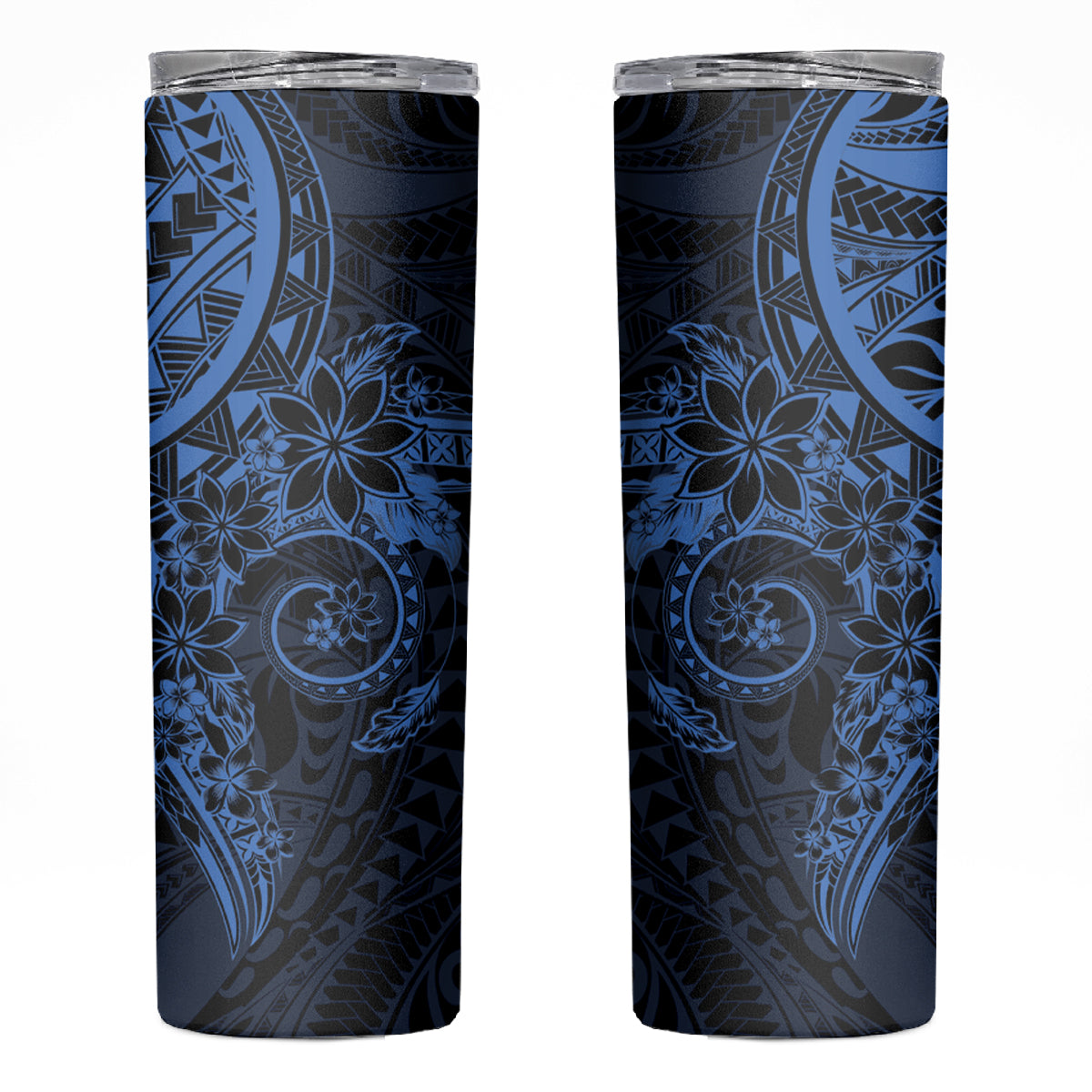 Navy Polynesian Pattern With Plumeria Flowers Skinny Tumbler