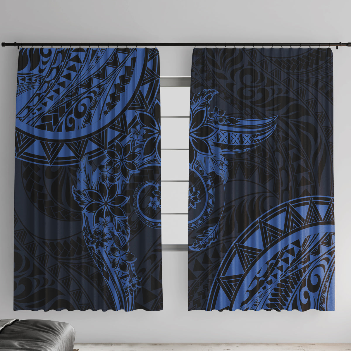 Polynesian Sunset Plumeria Window Curtain Navy Polynesian Tattoo LT05 With Hooks Navy - Polynesian Pride