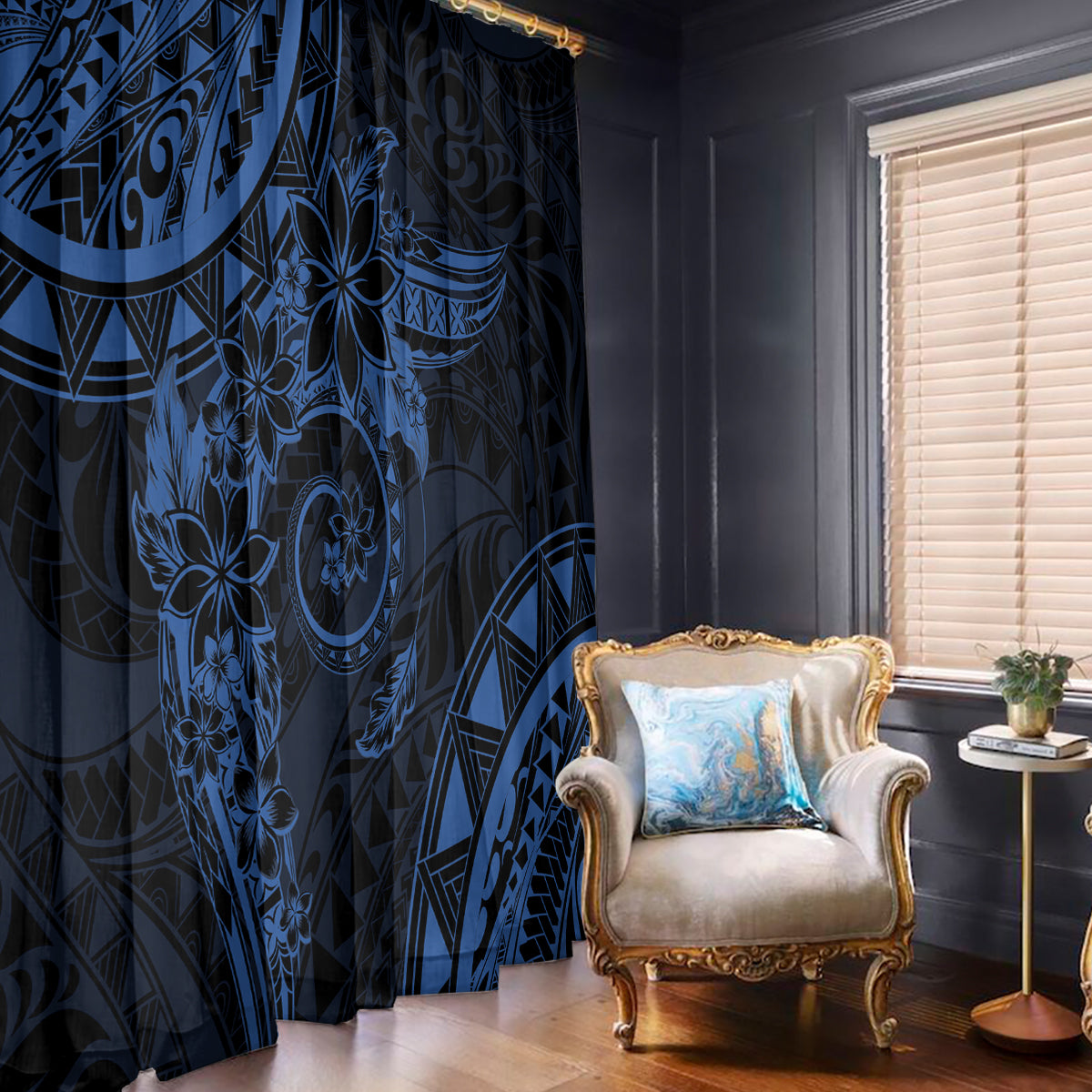 Polynesian Sunset Plumeria Window Curtain Navy Polynesian Tattoo LT05 - Polynesian Pride