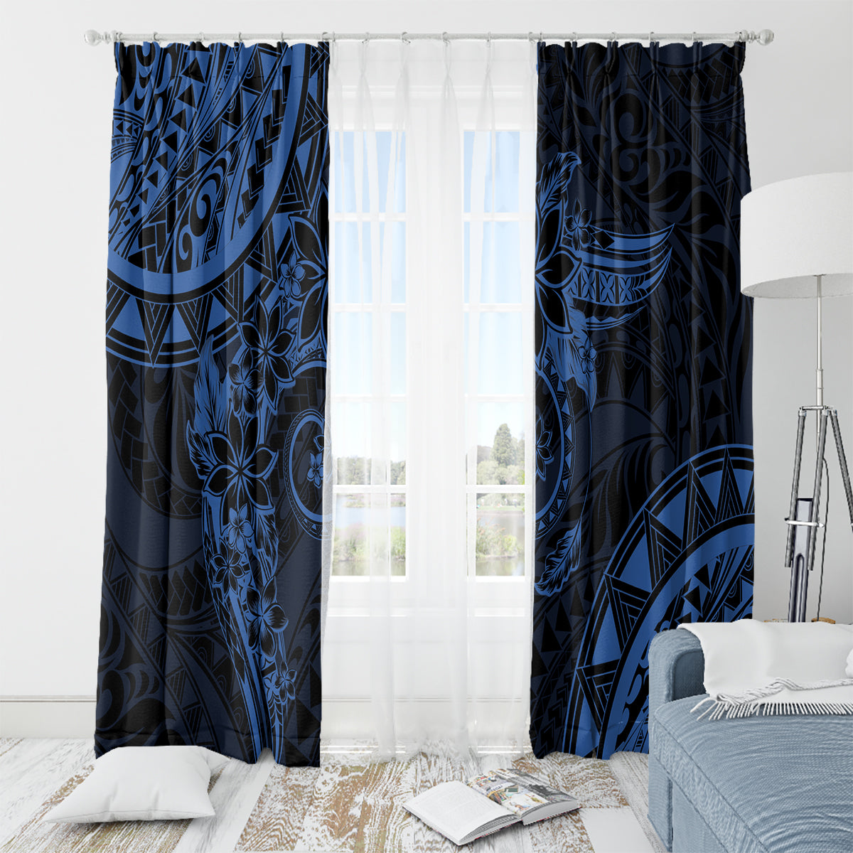 Polynesian Sunset Plumeria Window Curtain Navy Polynesian Tattoo LT05 - Polynesian Pride