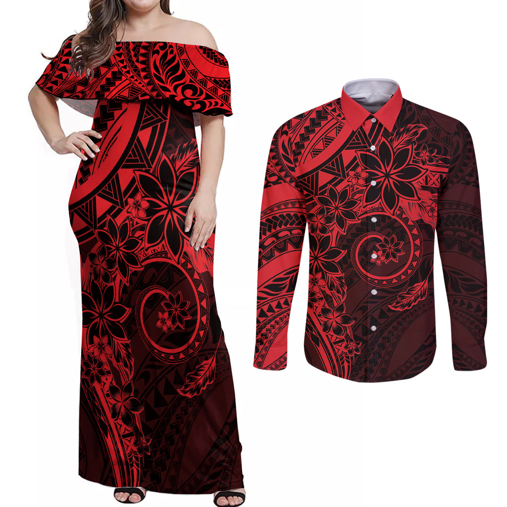 Polynesian Sunset Plumeria Couples Matching Off Shoulder Maxi Dress and Long Sleeve Button Shirt Red Polynesian Tattoo LT05 Red - Polynesian Pride
