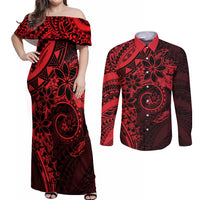 Polynesian Sunset Plumeria Couples Matching Off Shoulder Maxi Dress and Long Sleeve Button Shirt Red Polynesian Tattoo LT05 Red - Polynesian Pride