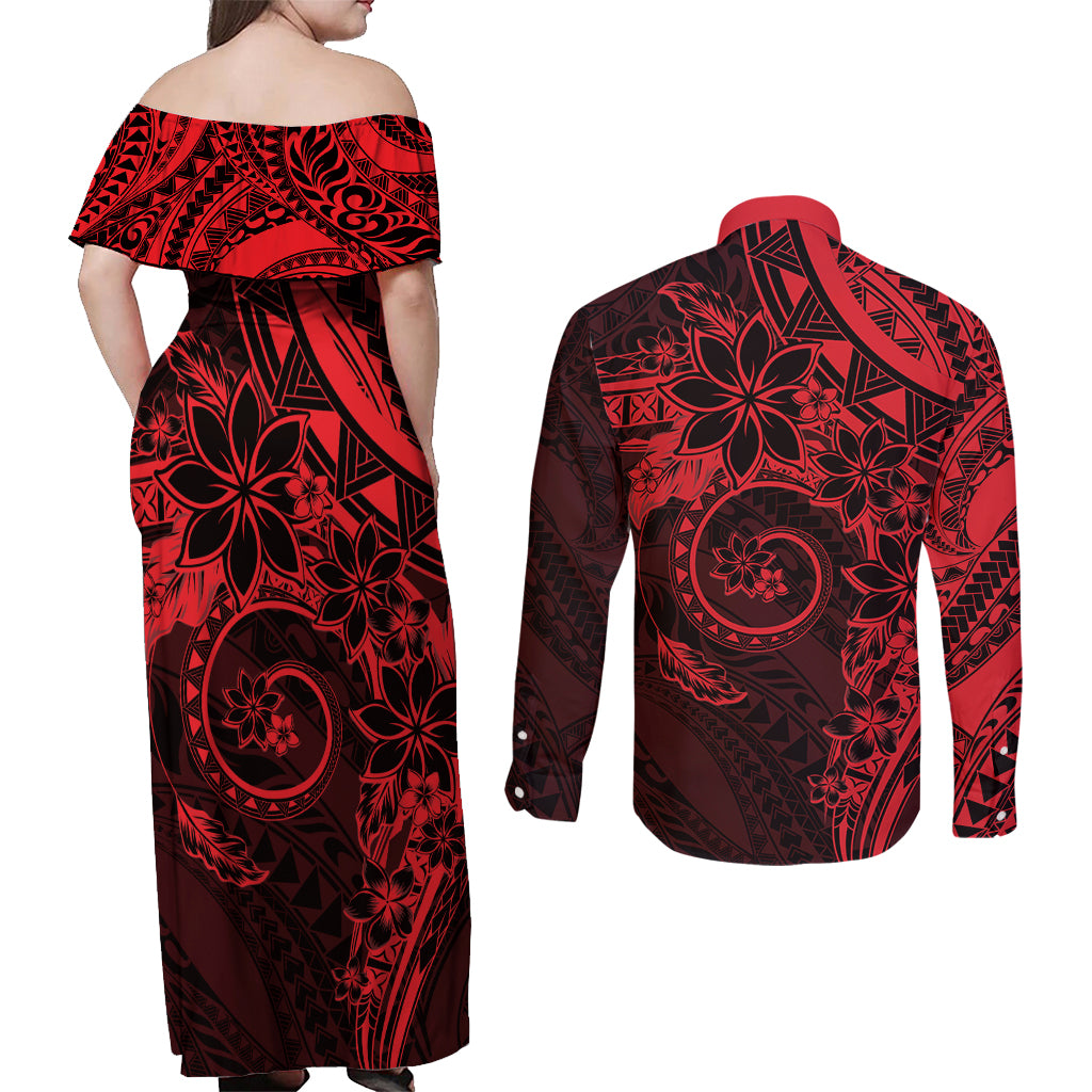 Polynesian Sunset Plumeria Couples Matching Off Shoulder Maxi Dress and Long Sleeve Button Shirt Red Polynesian Tattoo LT05 - Polynesian Pride