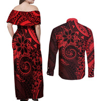 Polynesian Sunset Plumeria Couples Matching Off Shoulder Maxi Dress and Long Sleeve Button Shirt Red Polynesian Tattoo LT05 - Polynesian Pride