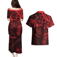 Polynesian Sunset Plumeria Couples Matching Puletasi and Hawaiian Shirt Red Polynesian Tattoo LT05 - Polynesian Pride